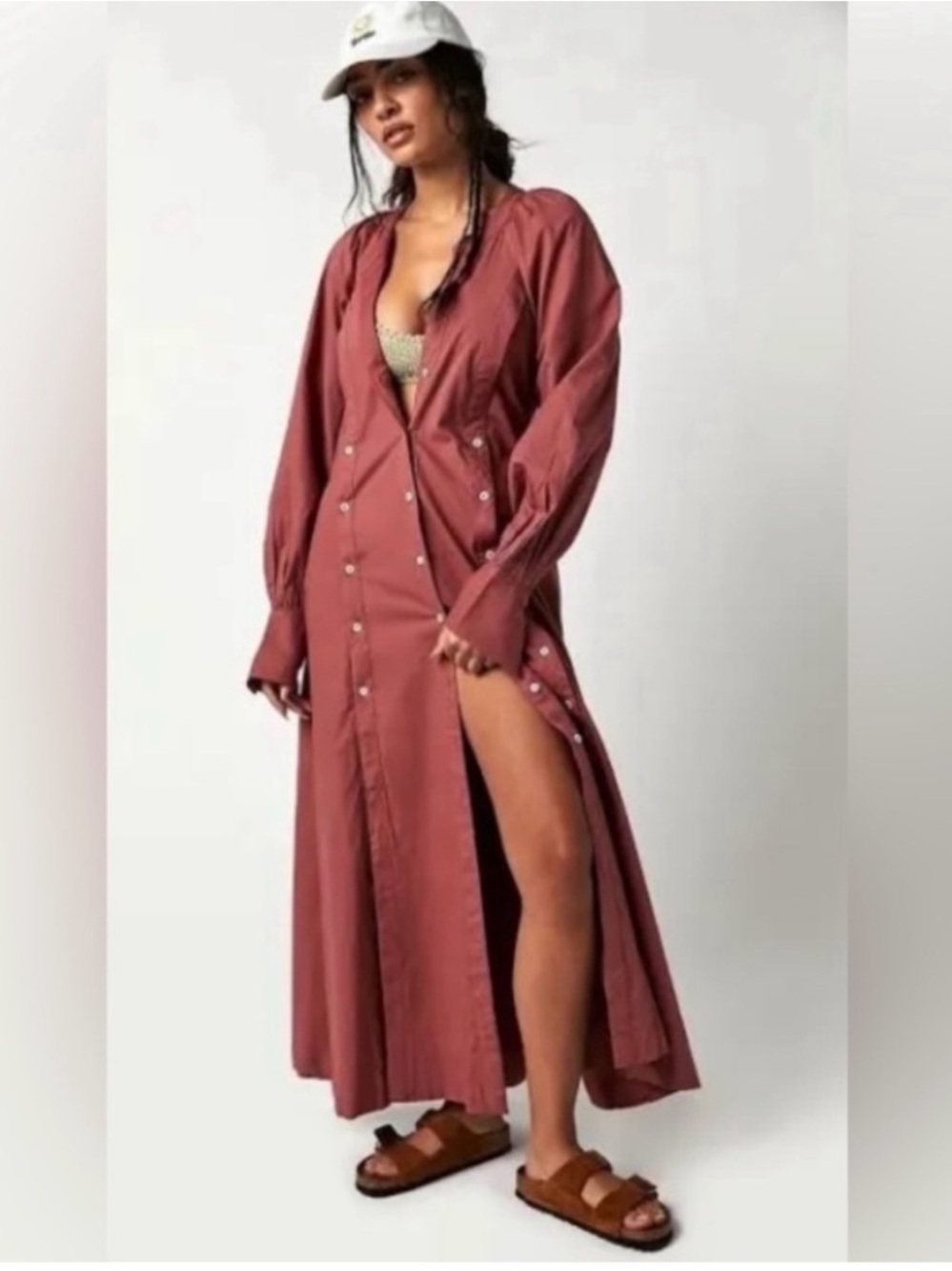 Free People Charlie Dress Maxi Shirtdress Redwood M Button Front Cotton Women’s